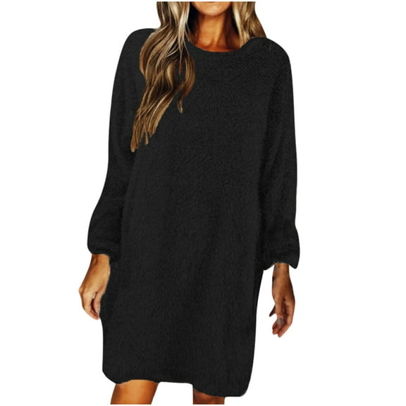 Aoochasliy Womens Sweaters Pullover Clothes Autumn and Winter Casaul Solid Loose O-Neck Hairy Pullover Dress