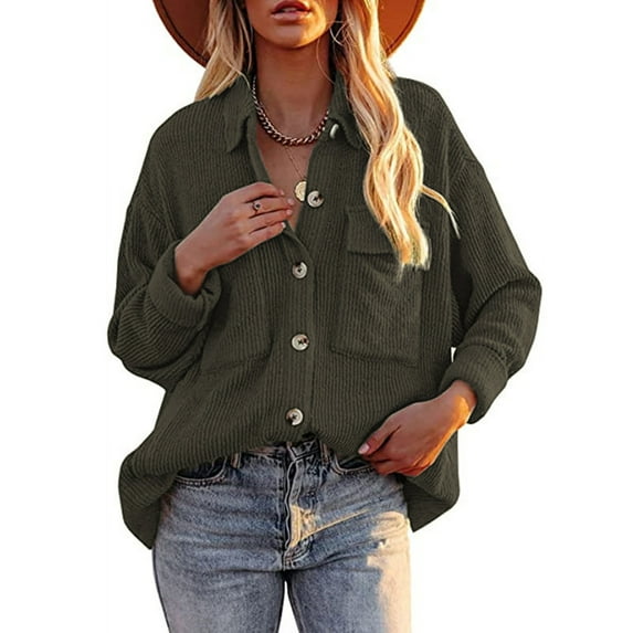 Aoochasliy Womens Sweaters Pullover Clothes Corduroy Buttoned Cardigan Lapel Loose Padded Shirt Tops with Poket