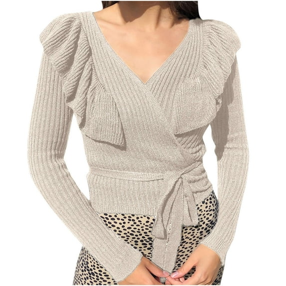 Aoochasliy Womens Sweaters Pullover Clothes Trendy Full-Sleeve Solid V Neck Ruffles Bandage Blouse Knitted Sweater Sweater