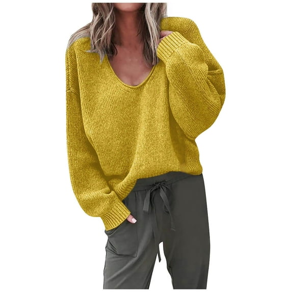 Aoochasliy Womens Sweaters Pullover Clothes Trendy V-neck Loose Pullover Solid Color Tops for Home Casual Work Play