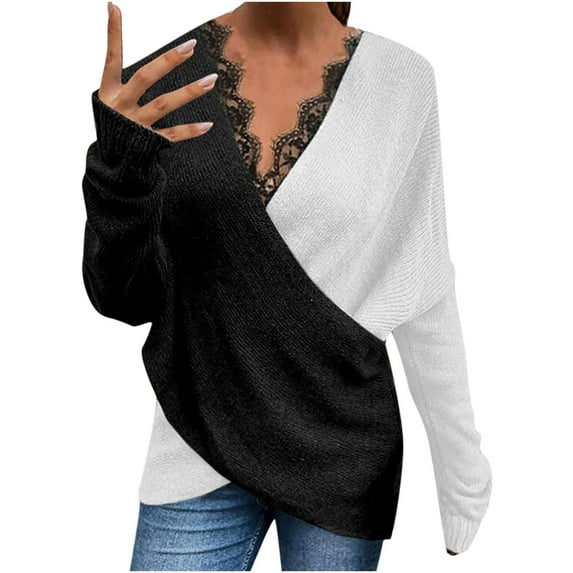 Aoochasliy Womens Sweaters Pullover Loose Christmas Tops Colorblock V-neck Cross Christmas Tops Casual Tops