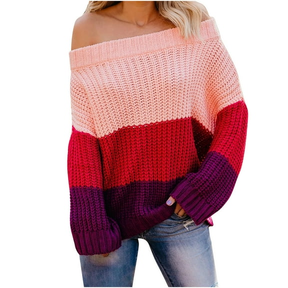 Aoochasliy Womens Sweaters Pullover Patchwork Loose Cold Shoulder knitting Pullover