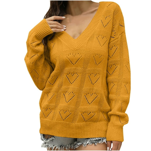 Aoochasliy Womens Sweaters Pullover Trendy Autumn Winter Solid Love Heart Hollow Out V-Neck Pullover Tops