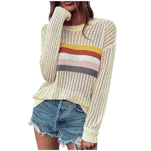 Aoochasliy Womens Sweaters Pullover Trendy Stripe Pullove Round-Neck Casual Sweater Tops