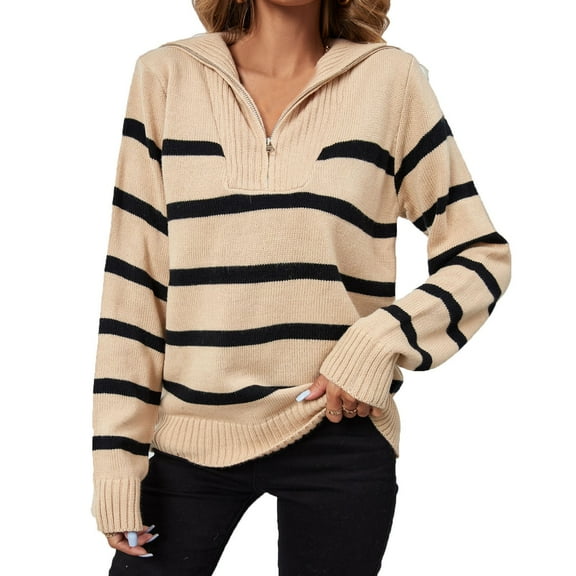 Aoochasliy Womens Sweaters Pullover V-Neck Loose Zipper Hedging Casual Stripe Knitting Sweater Tops