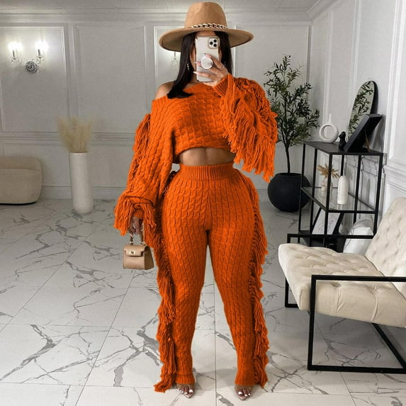Aoochasliysweat Suits for Womens 2 Piece Women Trendy Casual Clothes Solid Color Two Piece Knitted Long Sleeve Tassel Outfits