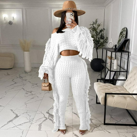 Aoochasliysweat Suits for Womens 2 Piece Women Trendy Casual Clothes Solid Color Two Piece Knitted Long Sleeve Tassel Outfits