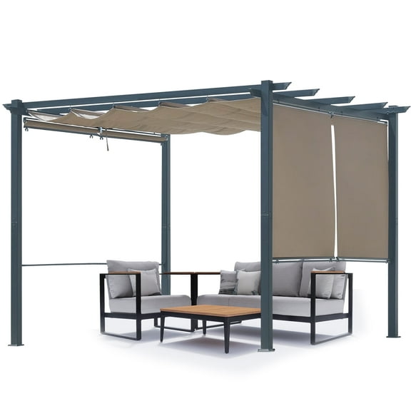 Aoodor 10 x 10 ft. Outdoor Pergola with Retractable Canopy and Sunshade Roller Curtains, Aluminum Frame Grape Trellis Pergola for Patio Backyard and Deck - Brown