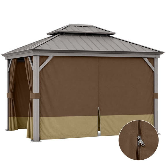 Aoodor 10x12 ft 4-Panel Outdoor Gazebo Curtains Waterproof Privacy Sidewall Replacement with Zipper for Patio Pergola, Brown and Khaki