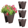 thumbnail image 1 of Aoodor Deck Railing Planter Boxes Set of 4, 12 Inch Rattan Pattern Round Outdoor Planters with Adjustable Brackets for Patio, Balcony, Fence, Brown, 1 of 7