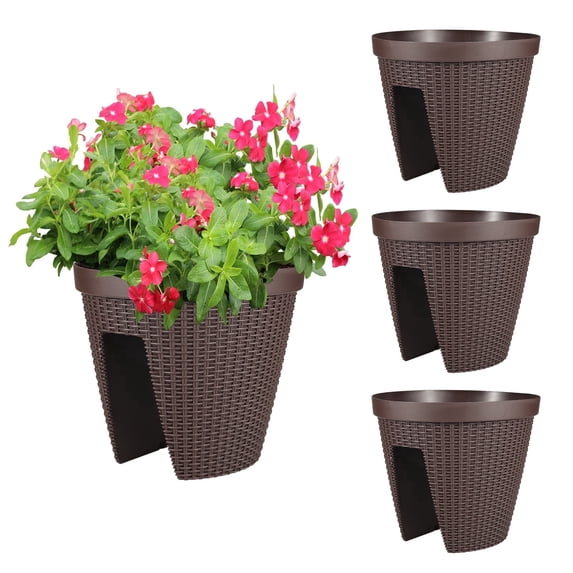 Aoodor Deck Railing Planter Boxes Set of 4, 12 Inch Rattan Pattern Round Outdoor Planters with Adjustable Brackets for Patio, Balcony, Fence, Brown