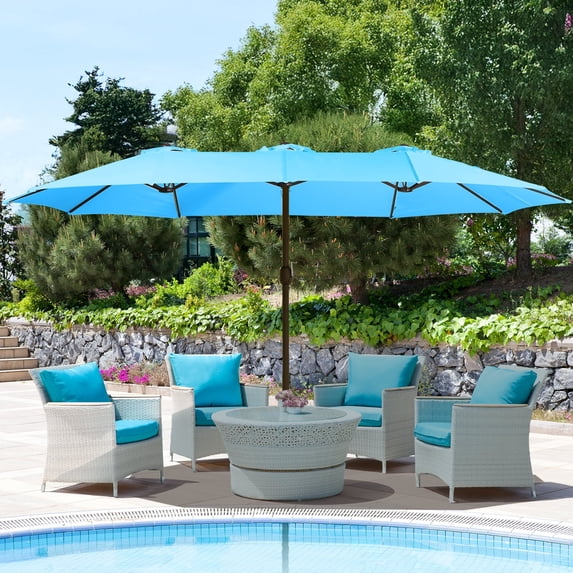 Aoodor 15ft Large Patio Umbrella with Base Stand, Outdoor Double-Sided Rectangle Umbrella - Light Blue