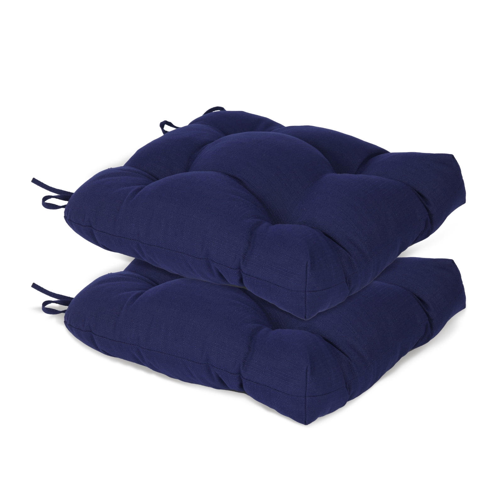 Aoodor 19x19x5 Inch Tufted Outdoor Chair Cushions, Water and Fade Resistant Polyester Dining Chair Pads with Ties for Patio Furniture, Set of 2, Dark Blue