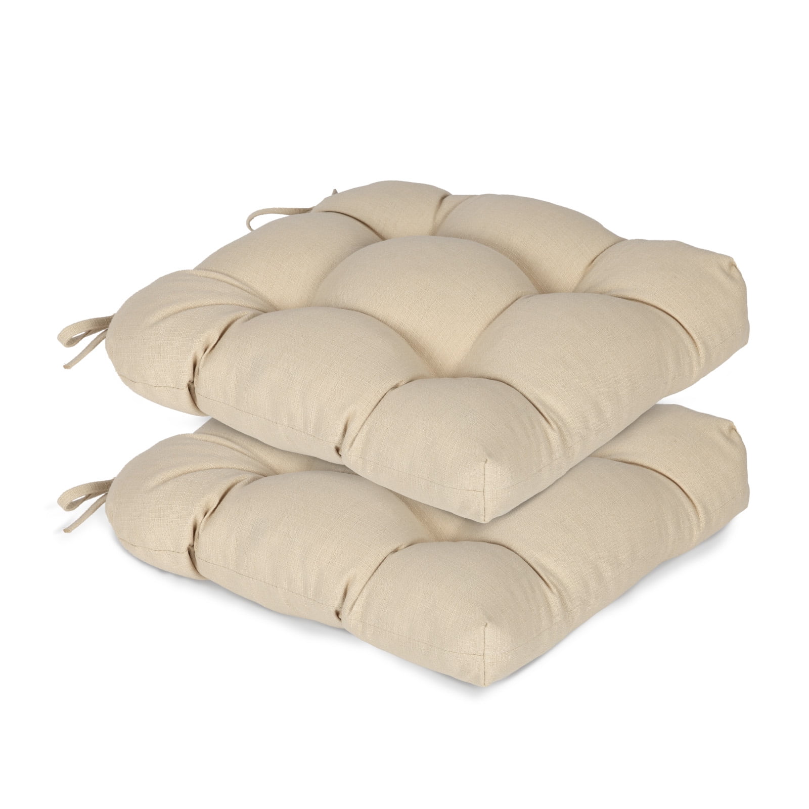 Aoodor 19x19x5 Inch Tufted Outdoor Chair Cushions, Water and Fade Resistant Polyester Dining Chair Pads with Ties for Patio Furniture, Set of 2, Khaki