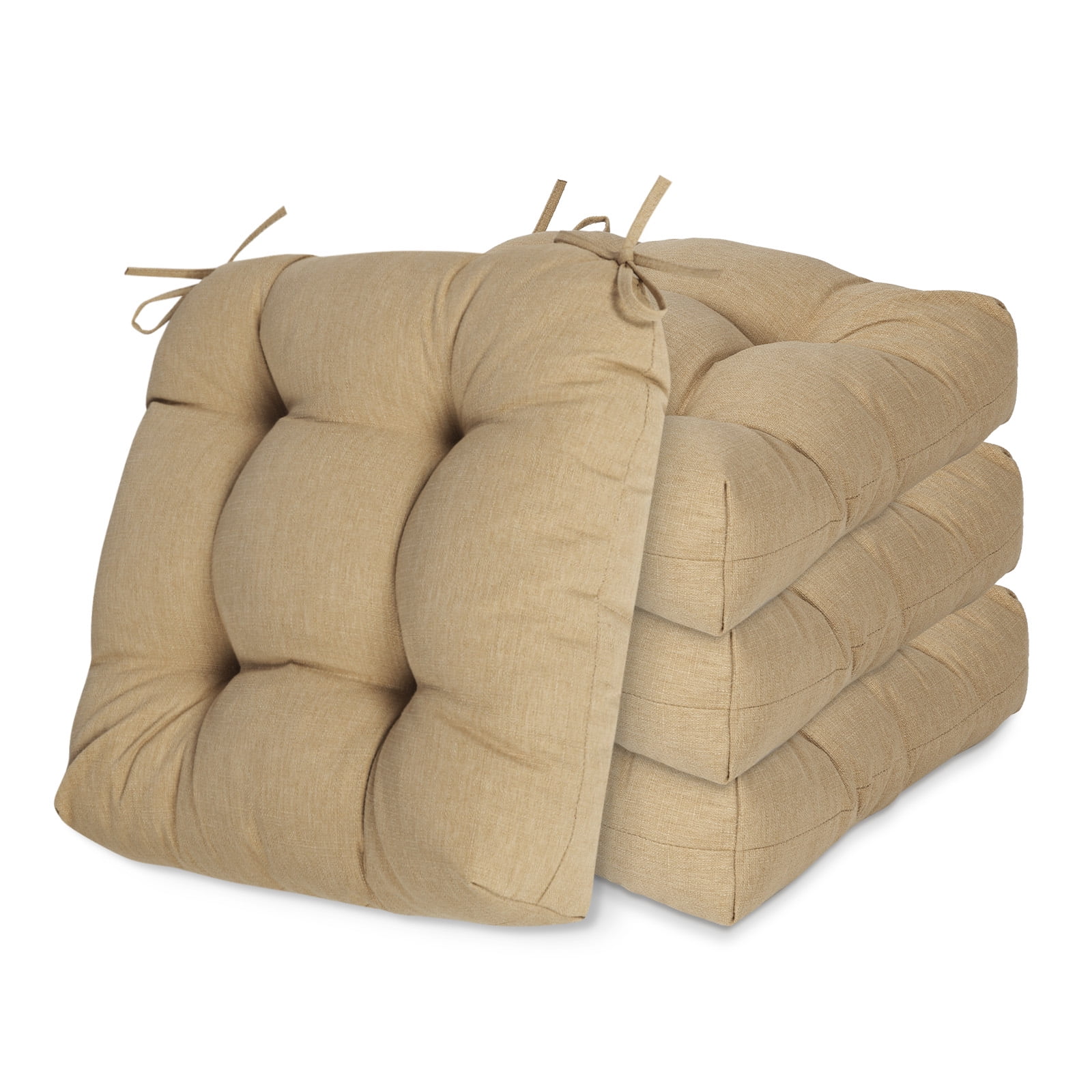 Aoodor 19x19x5 Inch Tufted Outdoor Chair Cushions, Water and Fade Resistant Polyester Dining Chair Pads with Ties for Patio Furniture, Set of 4, Brown