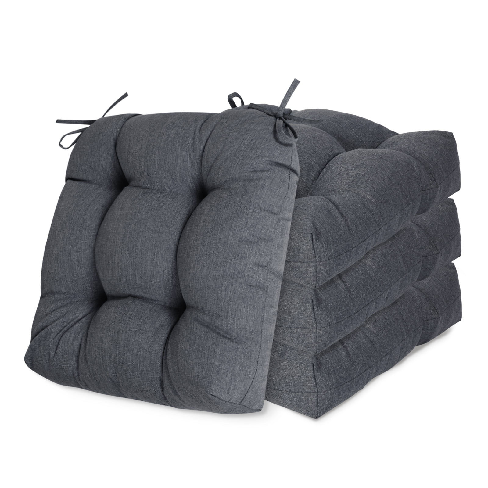 Aoodor 19x19x5 Inch Tufted Outdoor Chair Cushions, Water and Fade Resistant Polyester Dining Chair Pads with Ties for Patio Furniture, Set of 4, Dark Gray