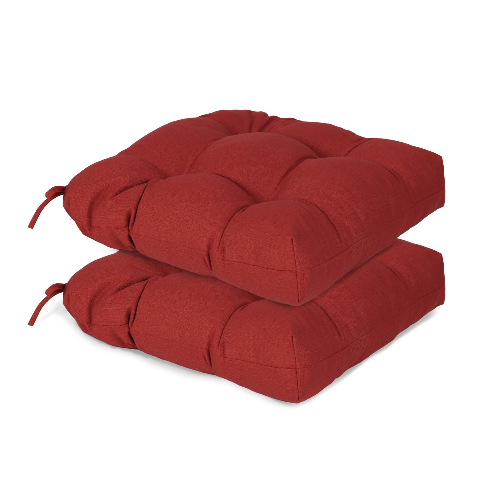 Aoodor 19x19x5 Inch Tufted Outdoor Chair Cushions, Water and Fade Resistant Polyester Dining Chair Pads with Ties for Patio Furniture, Set of 2, Red