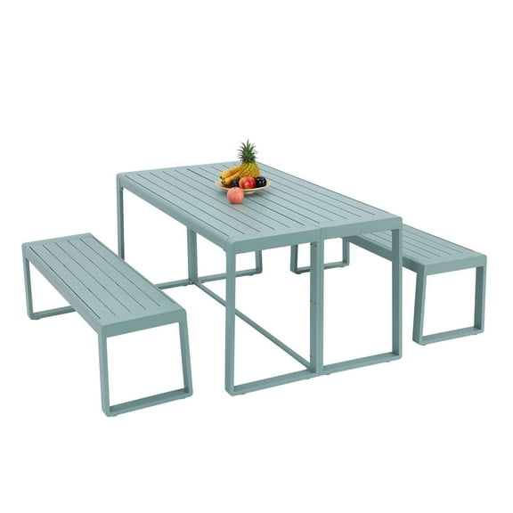 Aoodor 3-Piece Outdoor Patio Dining Set, Aluminum Furniture Set with 1 Rectangular Picnic Table and 2 Benches for Garden, Lawn, Yard