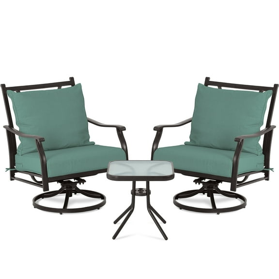 Aoodor 3-Piece Outdoor Patio Dining Set with Swivel Rocking Chairs and Glass Table, Peacock Blue