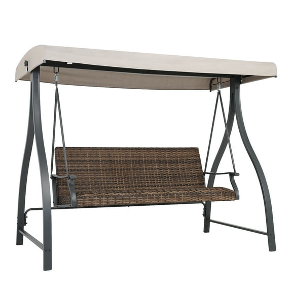 Aoodor 3-Seat Outdoor Rattan Patio Swing with Adjustable Brown Canopy, Quick-Dry Foam & Rust-Resistant Iron Frame