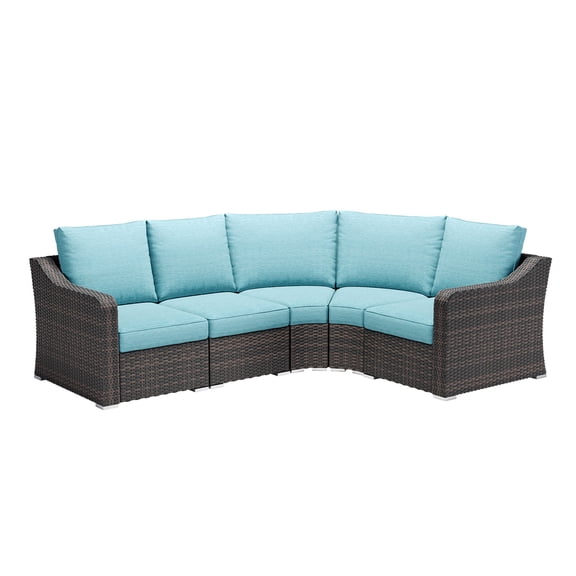 Aoodor 5-Piece L-shaped Outdoor Furniture Set, Modular Sectional Coffee Wicker Couch with Caribbean Turquoise Cushions, for Balcony, Backyard, Porch, Patio