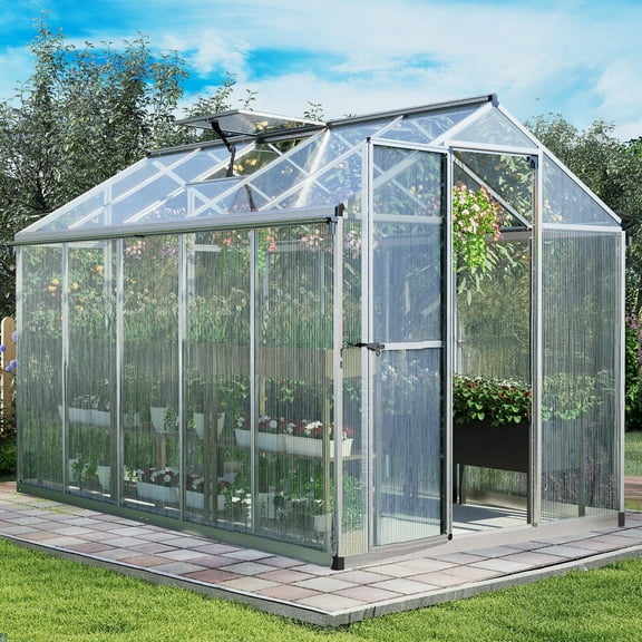 Aoodor 6' x 10' Outdoor Greenhouse, Walk-in Polycarbonate Greenhouse with Aluminum Frame for Outside Backyard, Silver