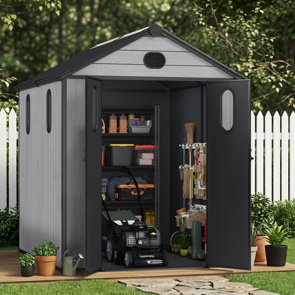 Aoodor 6 x 7.5 FT Outdoor Resin Storage Shed with Windows, Mesh Vents and Lockable Door, Heavy-Duty Plastic Tool Storage for Garden, Backyard and Patio
