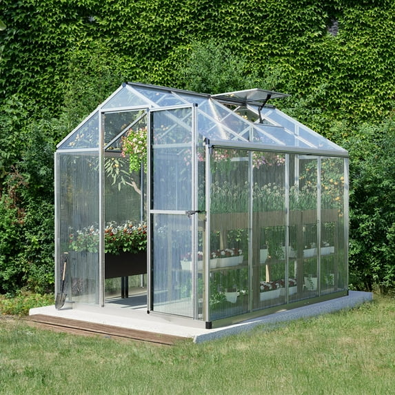 Aoodor 6' x 8' Outdoor Greenhouse, Walk-in Polycarbonate Greenhouse with Aluminum Frame for Outside Backyard, Silver