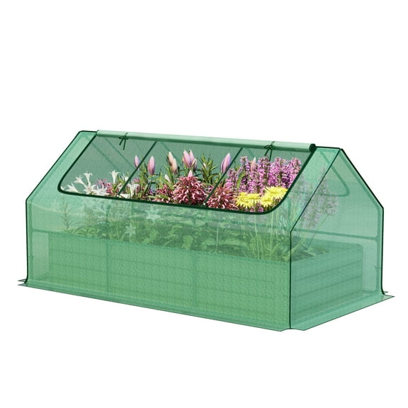 Aoodor 6ft. x 3ft. x 1ft. Raised Garden Metal Bed Mini Greenhouse Kit with 2 Roll-up Zipper Doors, for Vegetables Herbs and Flowers