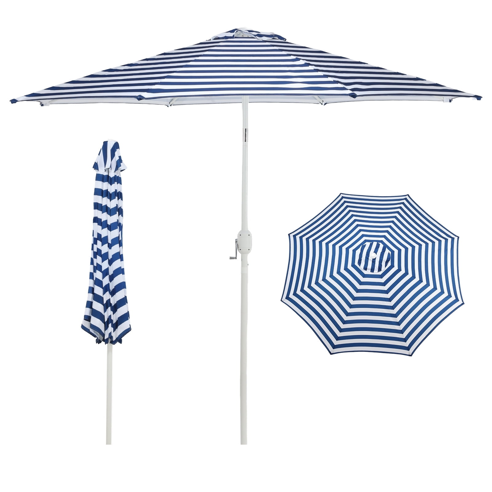Aoodor 9FT Outdoor Patio Umbrella, Market Table Umbrella with 8 Steel Ribs and Push Button Tilt Crank, Dark Blue and White