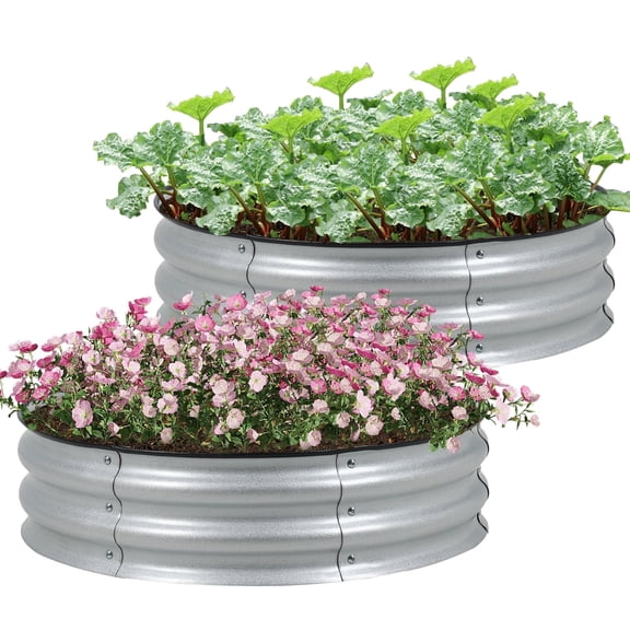 Aoodor 9" Tall 30" Metal Raised Garden Bed Kit, 2 Pack Outdoor Round Planter Box for Vegetables, Flowers, Herbs, Silver