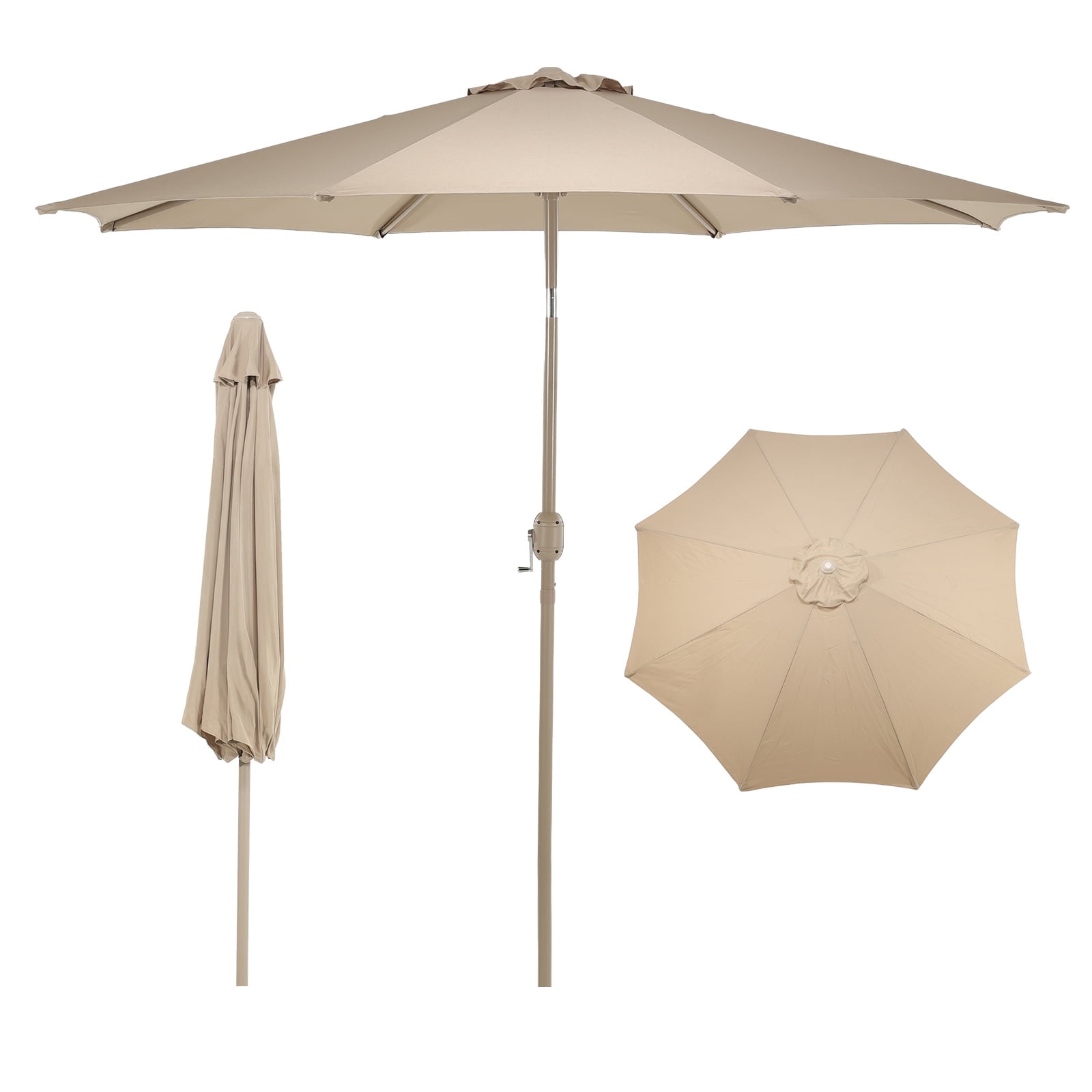 Aoodor 9FT Outdoor Patio Umbrella, Market Table Umbrella with 8 Steel Ribs and Push Button Tilt Crank, Khaki