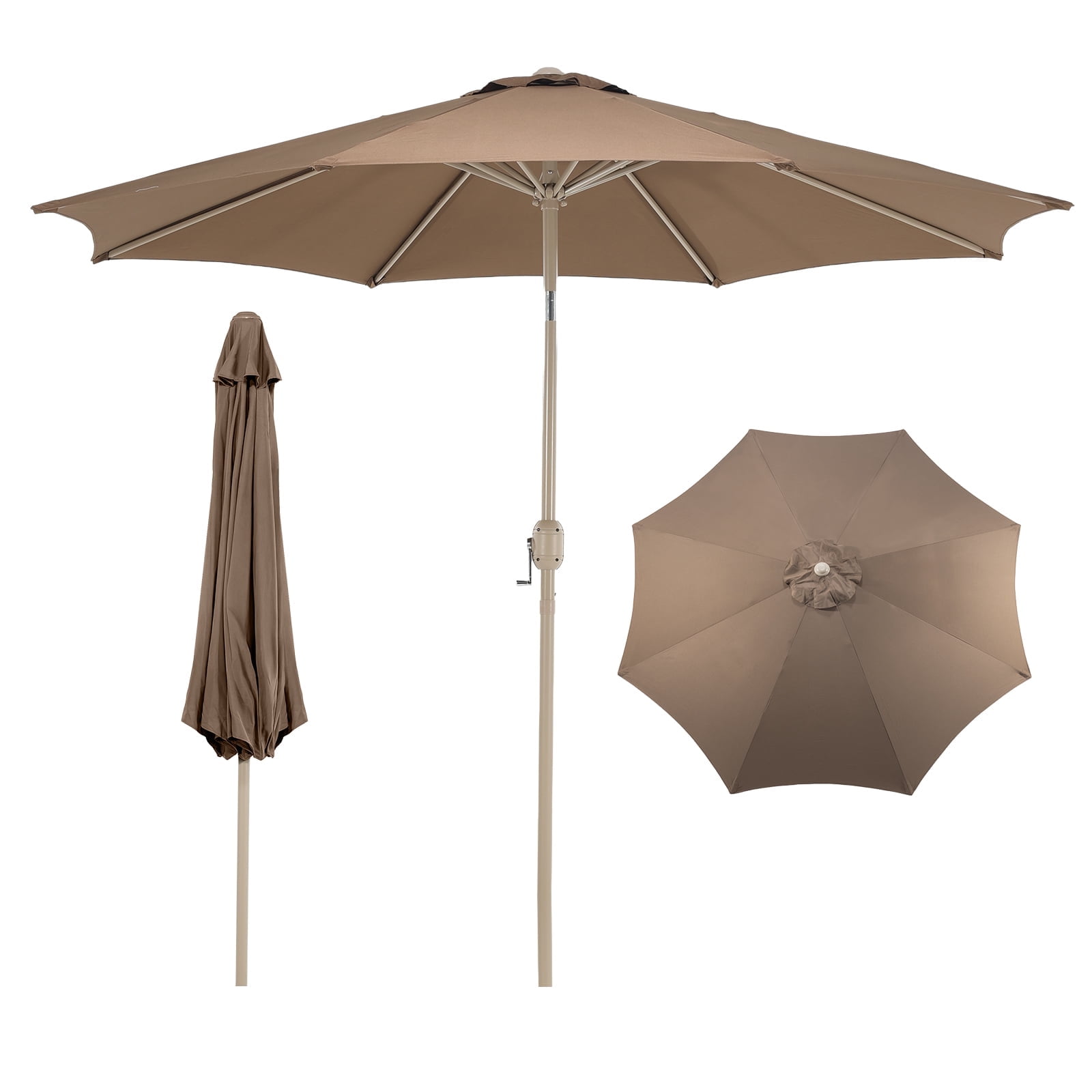 Aoodor 9FT Outdoor Patio Umbrella with 8 Steel Ribs and Push Button Tilt Crank, UV Protection, Coffee
