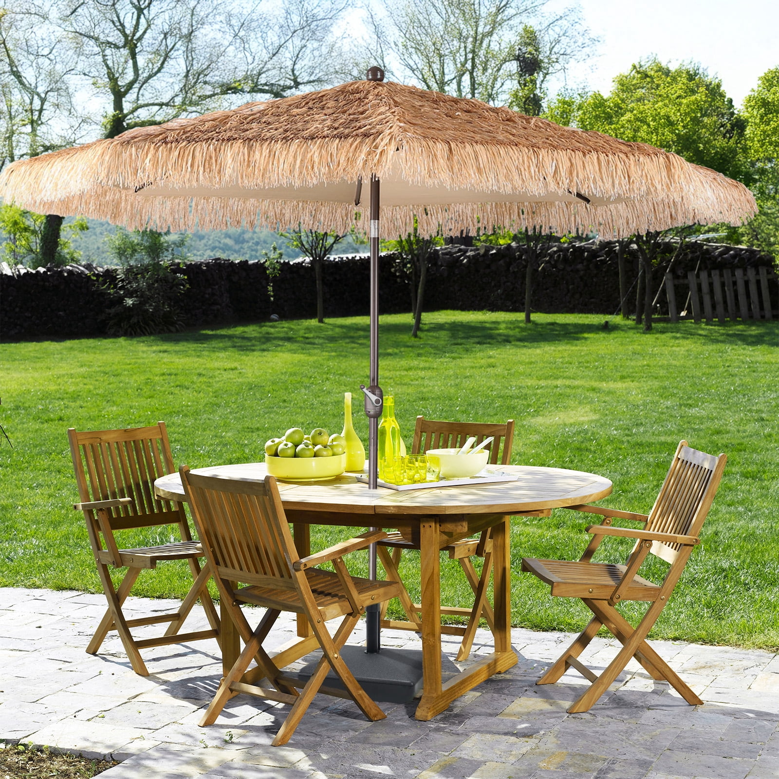 Aoodor 9FT Thatch Patio Umbrella, Tiki Style Outdoor Umbrella with Crank Lift for Poolside, Backyard, Beach - Natural Straw Look (No Base)
