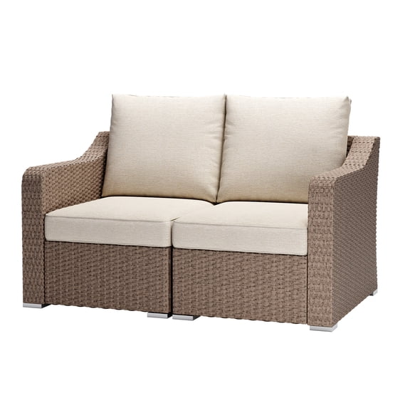 Aoodor Loveseat Patio Rattan Sofa, 28×35×30 Inch Modular Sectional Brown Wicker Couch with Beige Cushions, for Balcony, Backyard, Porch, Small Patio