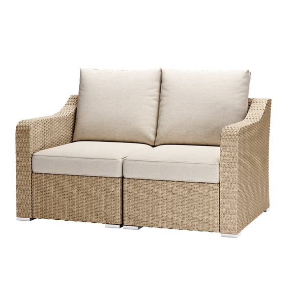 Aoodor Loveseat Patio Rattan Sofa, 28×35×30 Inch Modular Sectional Brown Wicker Couch with Beige Cushions, for Balcony, Backyard, Porch, Small Patio