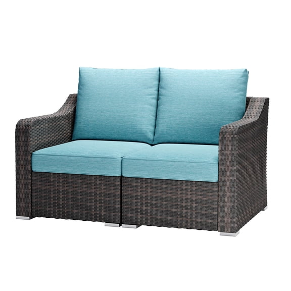 Aoodor Loveseat Patio Rattan Sofa, 28×35×30 Inch Modular Sectional Coffee Wicker Couch with Caribbean Turquoise Cushions, for Balcony, Backyard, Porch, Small Patio