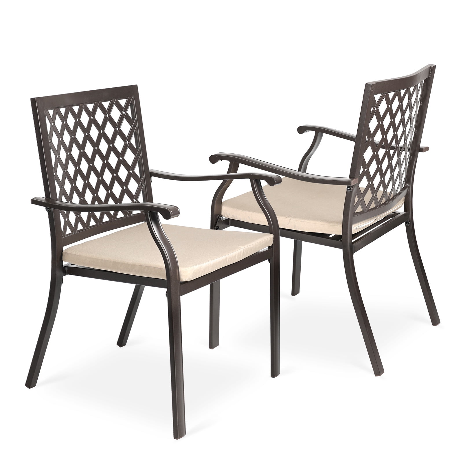 Aoodor Patio Outdoor Dining Chairs Set of 2, Stackable Metal Chairs with Armrests and Cushions for Lawn, Garden, Yard