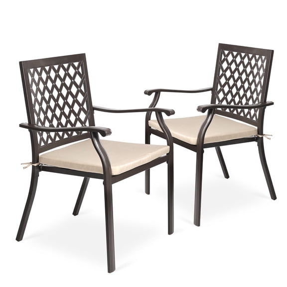 Aoodor Patio Outdoor Dining Chairs Set of 2, Stackable Metal Chairs with Armrests and Cushions for Lawn, Garden, Yard