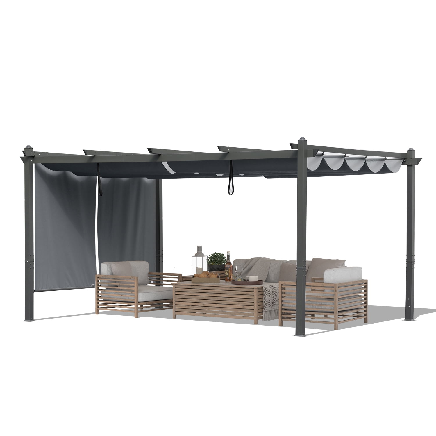 Gray Aluminum Patio Pergola with Adjustable Canopy and Sun Shade