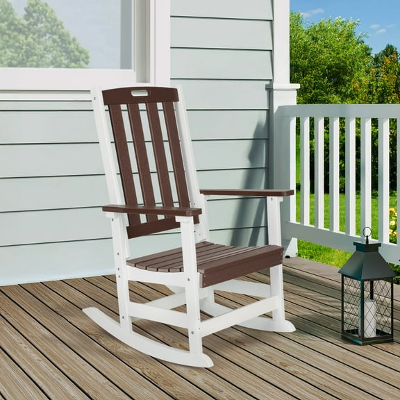 Aoodor Outdoor Rocking Chair, Ergonomic HDPE Rockers with All-Weather Design for Patio or Porch, Brown and White