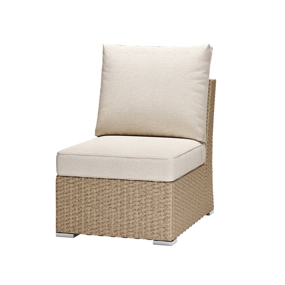 Aoodor Patio Armless Sofa, 24×35×30 Inch Modular Sectional Brown Wicker Couch with Beige Cushions, for Balcony, Backyard, Porch, Small Patio