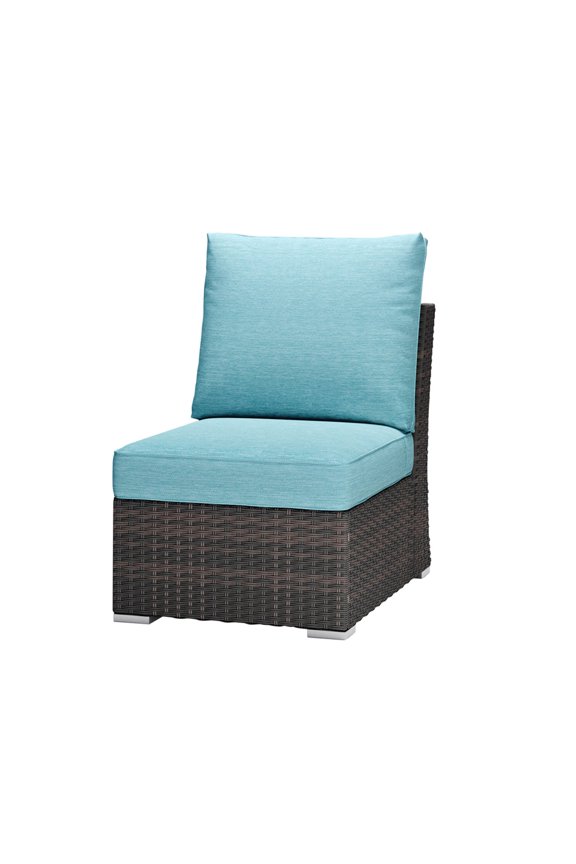 Patio Armless Sofa, 24×35×30 Inch Modular Sectional Coffee Brown Wicker Couch with Caribbean Turquoise Cushions, for Balcony, Backyard, Porch, Small Patio