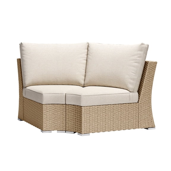 Aoodor Patio corner Rattan Sofa, 36×36×30 Inch Modular Sectional Brown Wicker Couch with Beige Cushions, for Balcony, Backyard, Porch, Small Patio