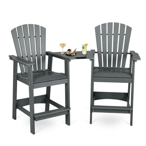 Aoodor Tall Adirondack Chairs Set of 2, HDPE Outdoor Bar Stools with Connecting Tray, Patio Furniture for Backyard, Garden, or Balcony (Gray)