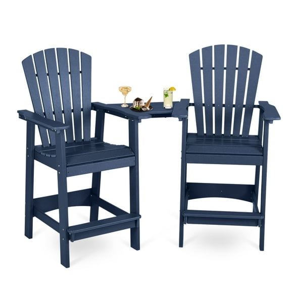 Aoodor Tall Adirondack Chairs Set of 2, HDPE Outdoor Bar Stools with Connecting Tray, Patio Furniture for Backyard, Garden, or Balcony (Navy Blue)