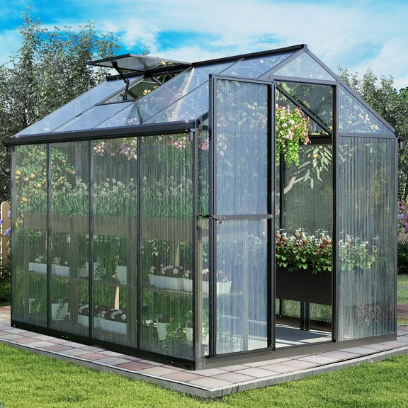 Aoodor 6' x 8' Outdoor Greenhouse, Walk-in Polycarbonate Greenhouse with Aluminum Frame for Outside Backyard, Black