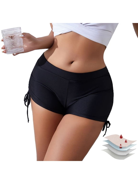 Women’s Ruched Tie Side Period Swim Shorts High Stretch Buttock-Hugging Boyleg Period Panties Anti-Leak Quick Dry for Yoga Workout Beach Swimming Spa Daily Use
