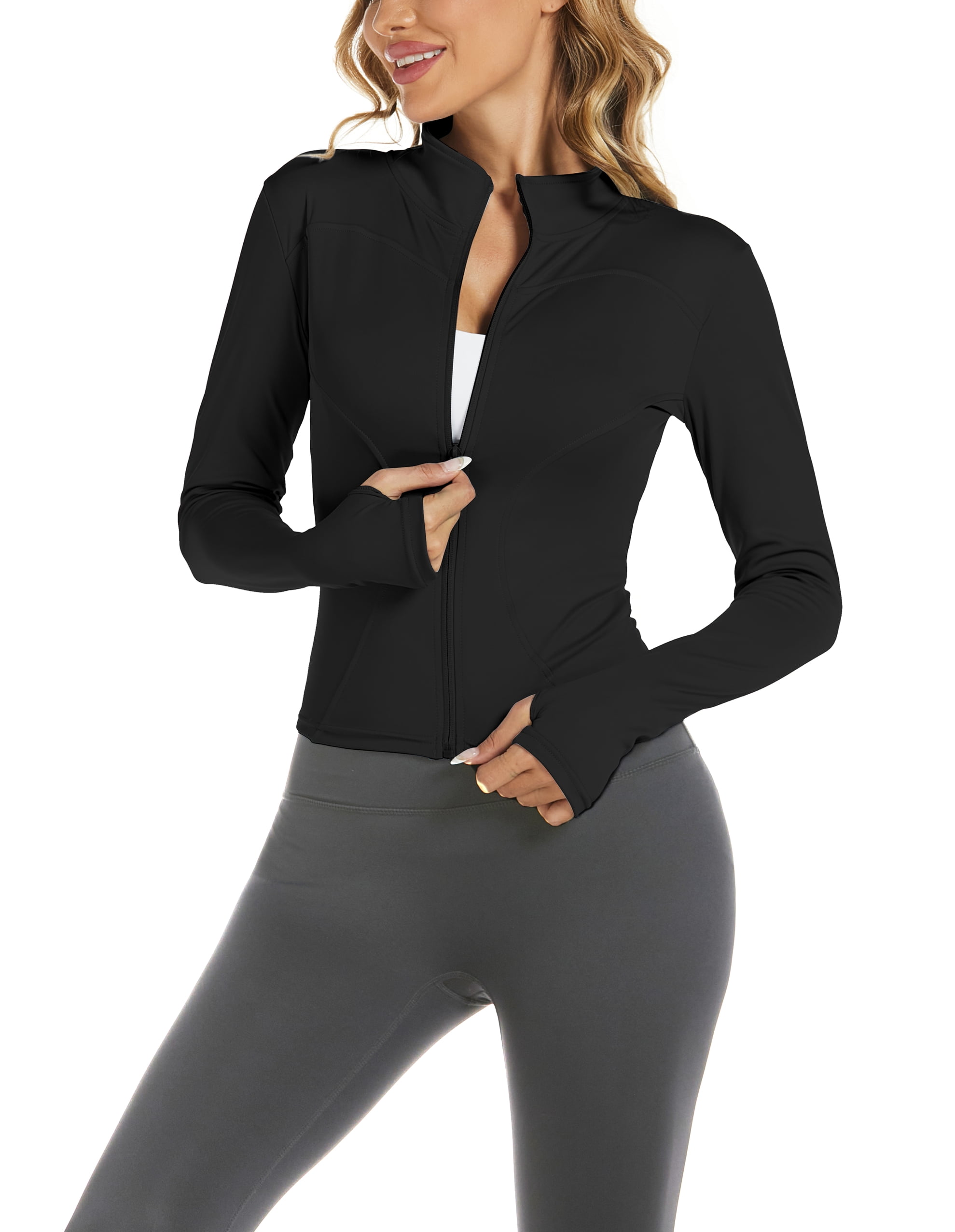 Aoouku Women's Long Sleeve Tops Cropped Jackets Zip up Gym Jacket Workout  Dry Fit Shirts Athletic Yoga Basics Light Jackets Black M