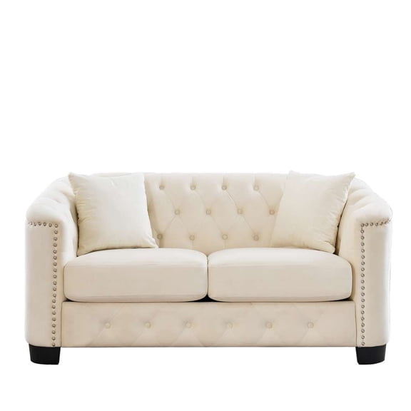 Aoowow 59" Chesterfield Velvet Sofa, 2-Seater Tufted Couch, Nailhead Trim, Beige Upholstered Sofa for Living Room
